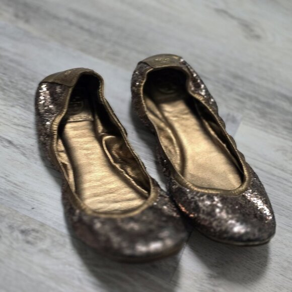 Tory Burch Eddie Glitter Slip On Ballet Flats Womens Size 9 Bronze Sparkle - Picture 2 of 11